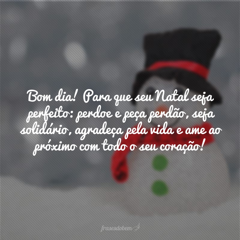 Bom dia! Para que seu Natal seja perfeito: perdoe e peça perdão, seja solidário, agradeça pela vida e ame ao próximo com todo o seu coração!