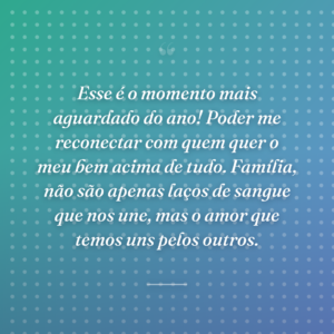 Esse é o momento mais aguardado do ano! Poder me reconectar com quem quer o meu bem acima de tudo. Família, não são apenas laços de sangue que nos une, mas o amor que temos uns pelos outros.