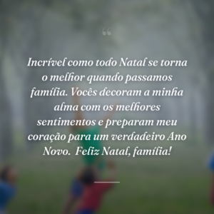 Incrível como todo Natal se torna o melhor quando passamos família. Vocês decoram a minha alma com os melhores sentimentos e preparam meu coração para um verdadeiro Ano Novo.  Feliz Natal, família!