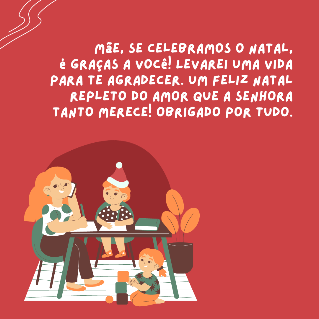 E de todas as lembranças que tive, só me veio todo o seu amor e doação ao longo dos anos, não se poupar para me dar o melhor a cada instante. Mãe, se celebramos o Natal, é graças a você! Levarei uma vida para te agradecer. Um Feliz Natal repleto do amor que a senhora tanto merece! Obrigado por tudo.