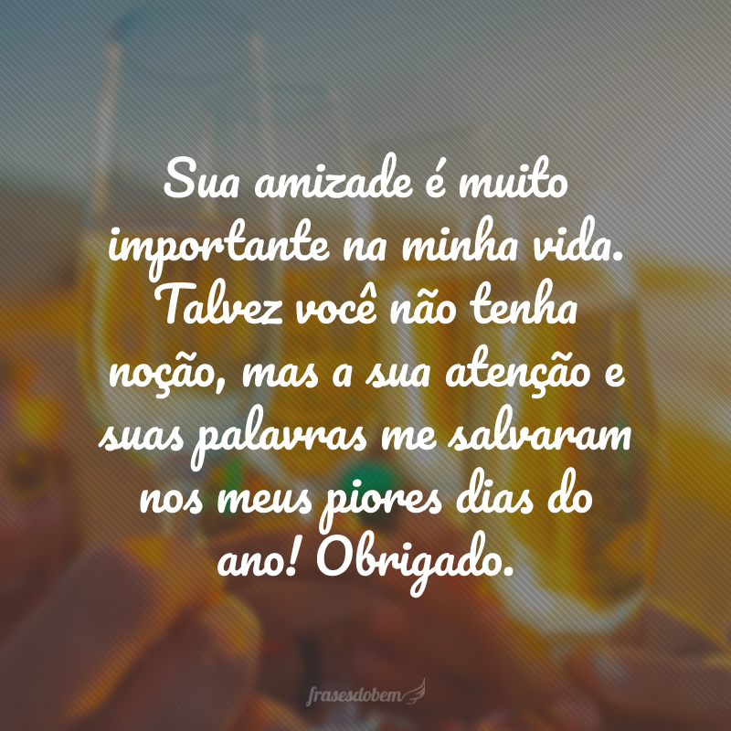 Sua amizade é muito importante na minha vida. Talvez você não tenha noção, mas a sua atenção e suas palavras me salvaram nos meus piores dias do ano! Obrigado.