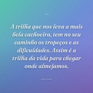 A trilha que nos leva a mais bela cachoeira, tem no seu caminho os tropeços e as dificuldades. Assim é a trilha da vida para chegar onde almejamos.