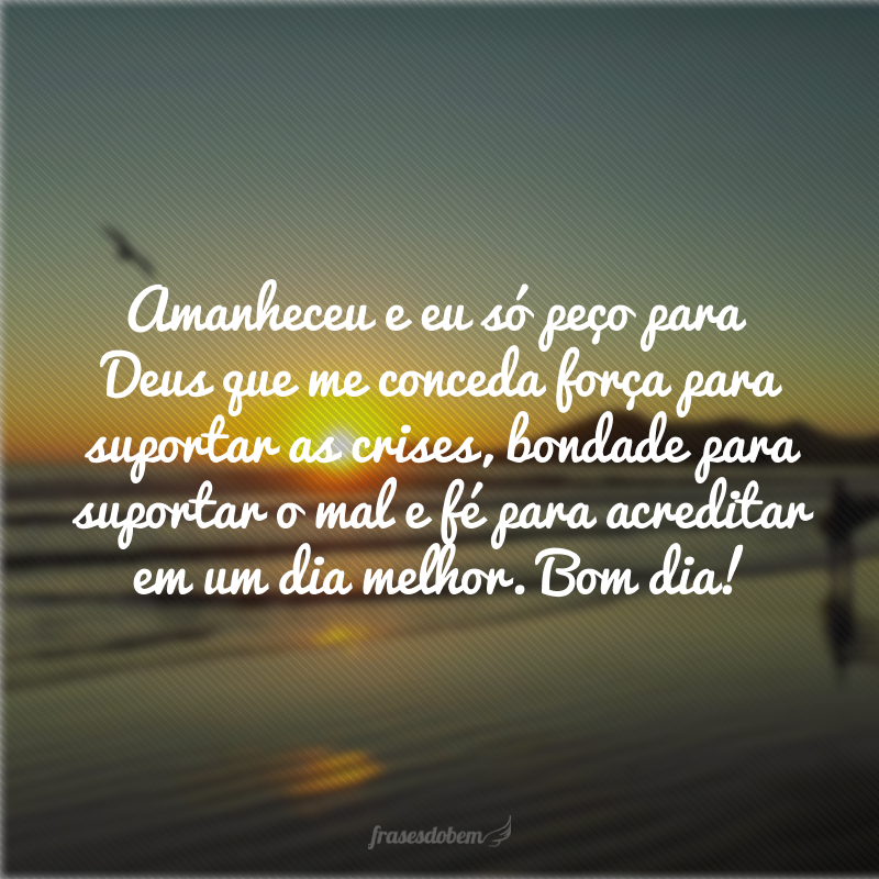 Amanheceu e eu só peço para Deus que me conceda força para suportar as crises, bondade para suportar o mal e fé para acreditar em um dia melhor. Bom dia!