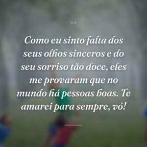Como eu sinto falta dos seus olhos sinceros e do seu sorriso tão doce, eles me provaram que no mundo há pessoas boas. Te amarei para sempre, vó!