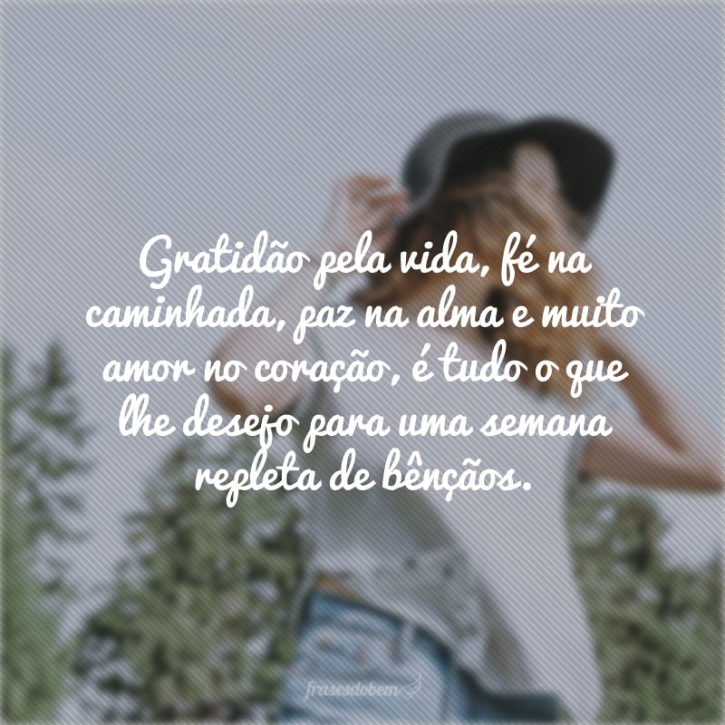 Gratidão pela vida, fé na caminhada, paz na alma e muito amor no coração, é tudo o que lhe desejo para uma semana repleta de bênçãos.