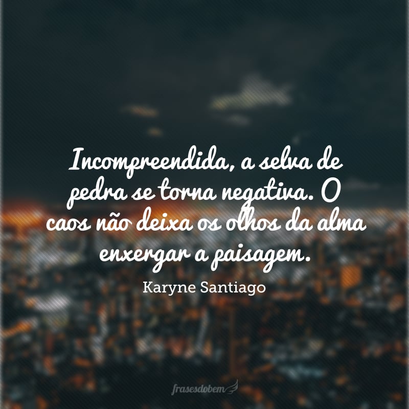 Incompreendida, a selva de pedra se torna negativa. O caos não deixa os olhos da alma enxergar a paisagem. 