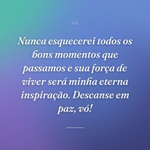 Nunca esquecerei todos os bons momentos que passamos e sua força de viver será minha eterna inspiração. Descanse em paz, vó!