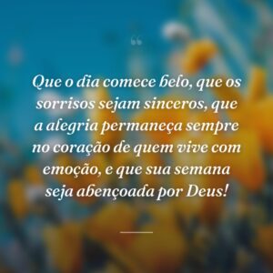 Que o dia comece belo, que os sorrisos sejam sinceros, que a alegria permaneça sempre no coração de quem vive com emoção, e que sua semana seja abençoada por Deus!