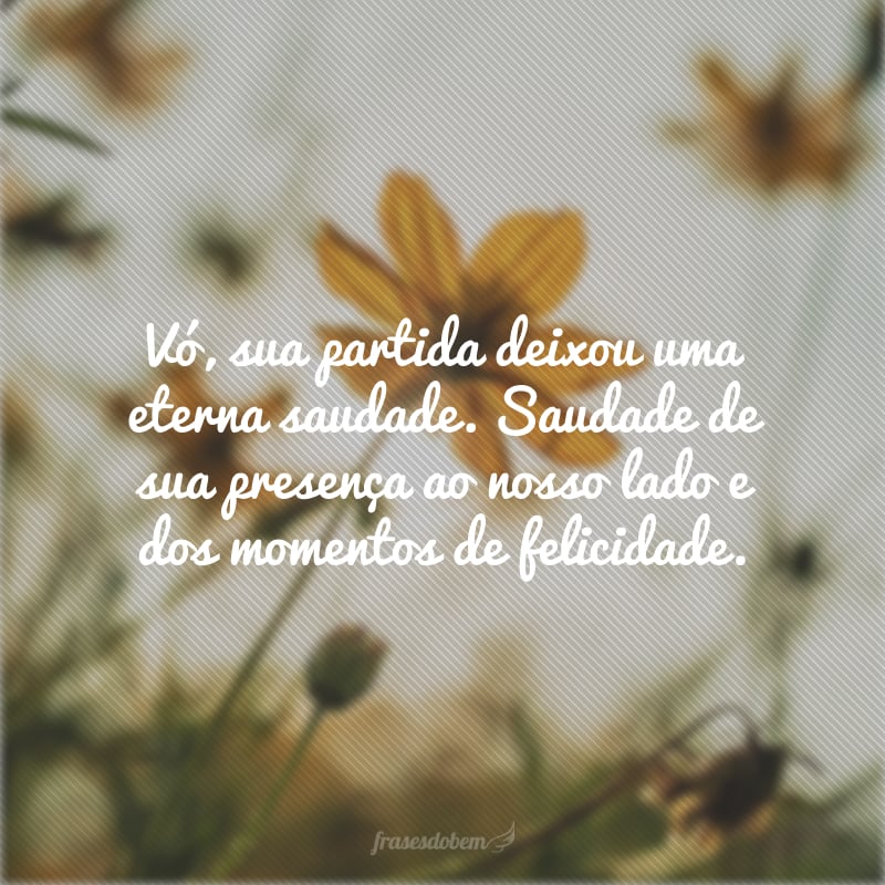 Vó, sua partida deixou uma eterna saudade. Saudade de sua presença ao nosso lado e dos momentos de felicidade.