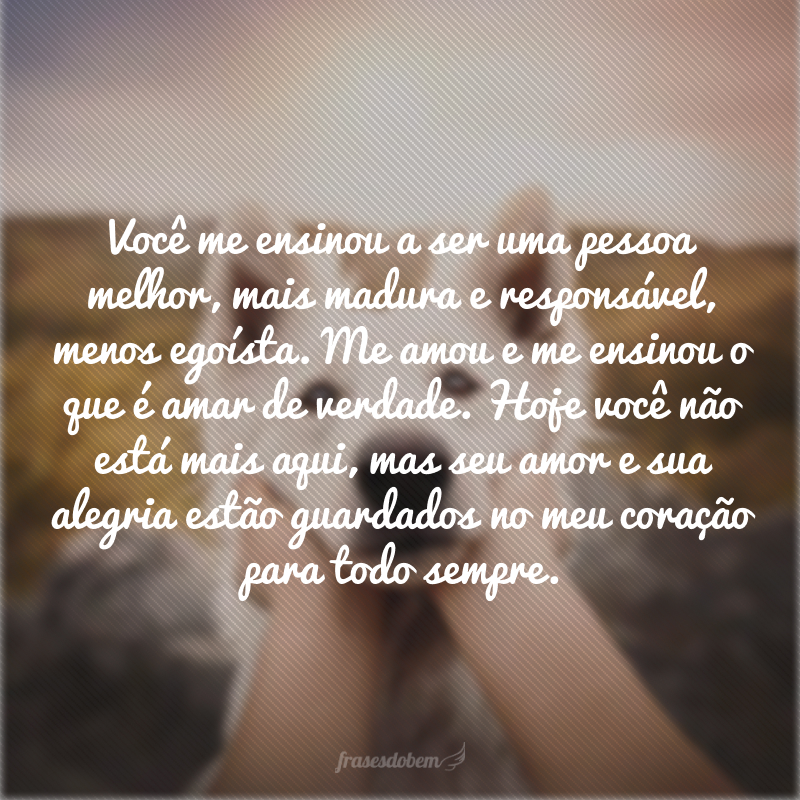 Você me ensinou a ser uma pessoa melhor, mais madura e responsável, menos egoísta. Me amou e me ensinou o que é amar de verdade. Hoje você não está mais aqui, mas seu amor e sua alegria estão guardados no meu coração para todo sempre. 