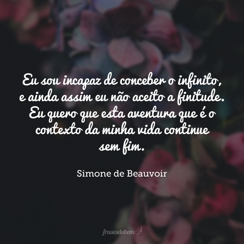 Eu sou incapaz de conceber o infinito, e ainda assim eu não aceito a finitude. Eu quero que esta aventura que é o contexto da minha vida continue sem fim.