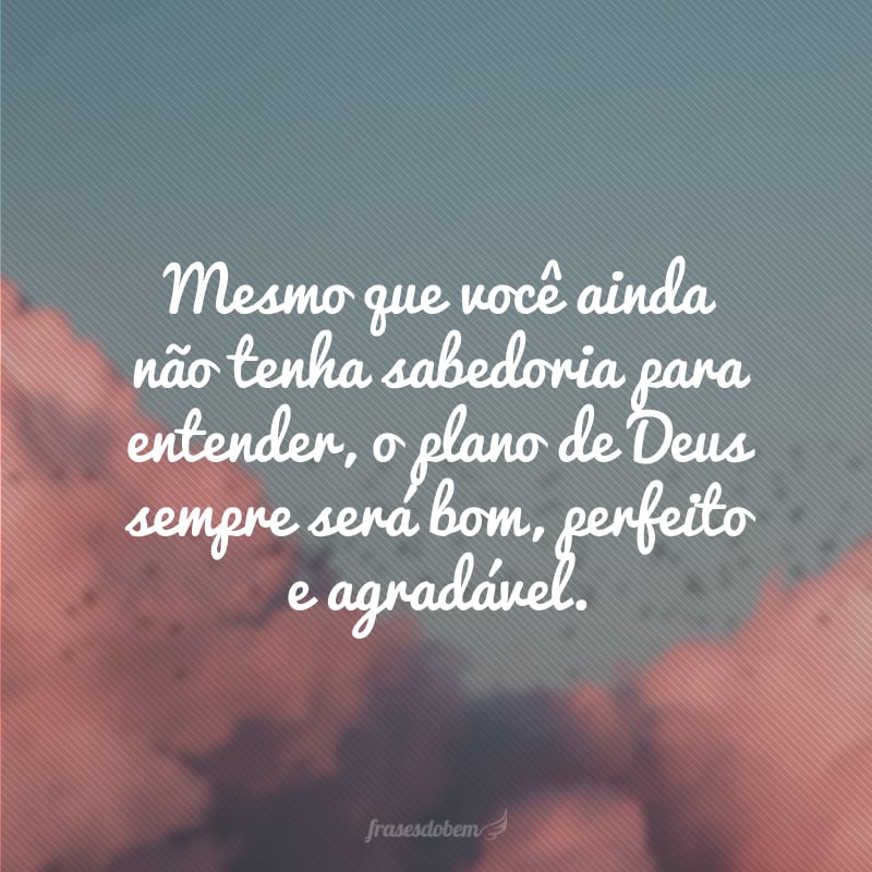 Mesmo que você ainda não tenha sabedoria para entender, o plano de Deus sempre será bom, perfeito e agradável.  