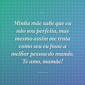 Minha mãe sabe que eu não sou perfeita, mas mesmo assim me trata como seu eu fosse a melhor pessoa do mundo. Te amo, mamãe!