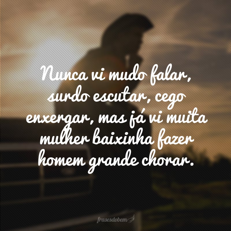 Nunca vi mudo falar, surdo escutar, cego enxergar, mas já vi muita mulher baixinha fazer homem grande chorar.