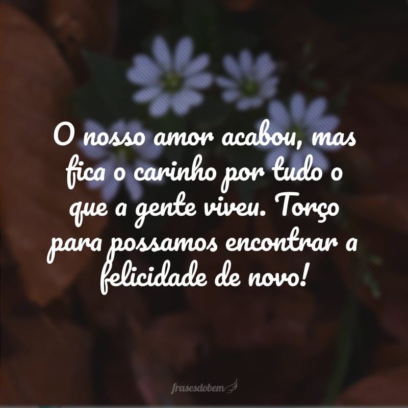 O nosso amor acabou, mas fica o carinho por tudo o que a gente viveu. Torço para possamos encontrar a felicidade de novo!