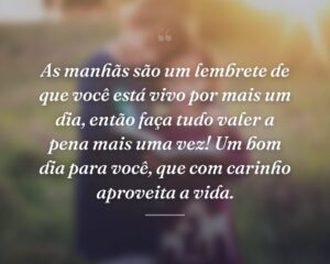 As manhãs são um lembrete de que você está vivo por mais um dia, então faça tudo valer a pena mais uma vez! Um bom dia para você, que com carinho aproveita a vida.