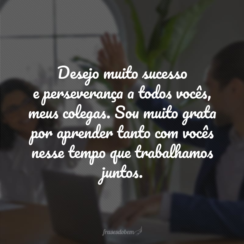 Desejo muito sucesso e perseverança a todos vocês, meus colegas. Sou muito grata por aprender tanto com vocês nesse tempo que trabalhamos juntos.