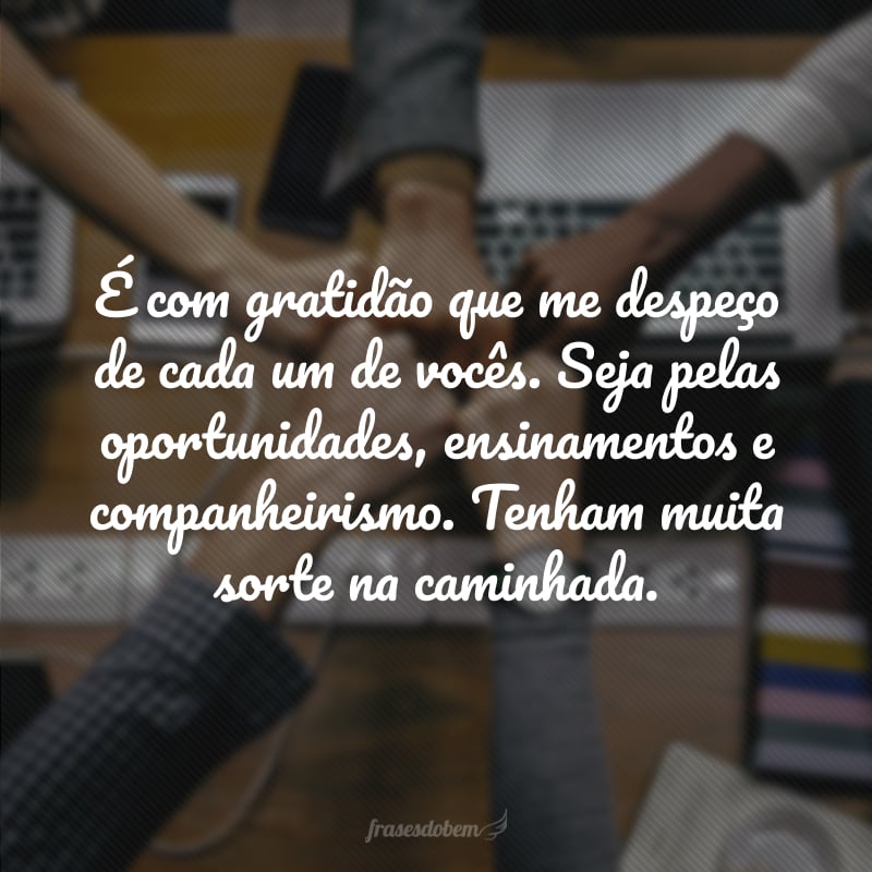 É com gratidão que me despeço de cada um de vocês. Seja pelas oportunidades, ensinamentos e companheirismo. Tenham muita sorte na caminhada.