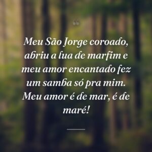 Meu São Jorge coroado, abriu a lua de marfim e meu amor encantado fez um samba só pra mim. Meu amor é de mar, é de maré!