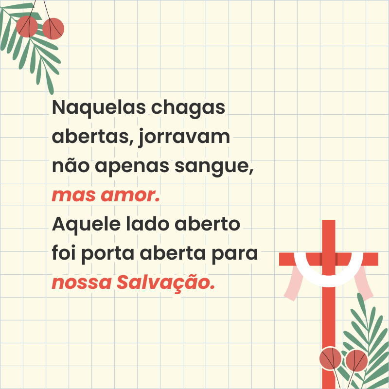 Naquelas chagas abertas, jorravam não apenas sangue, mas amor. Aquele lado aberto foi porta aberta para nossa Salvação.