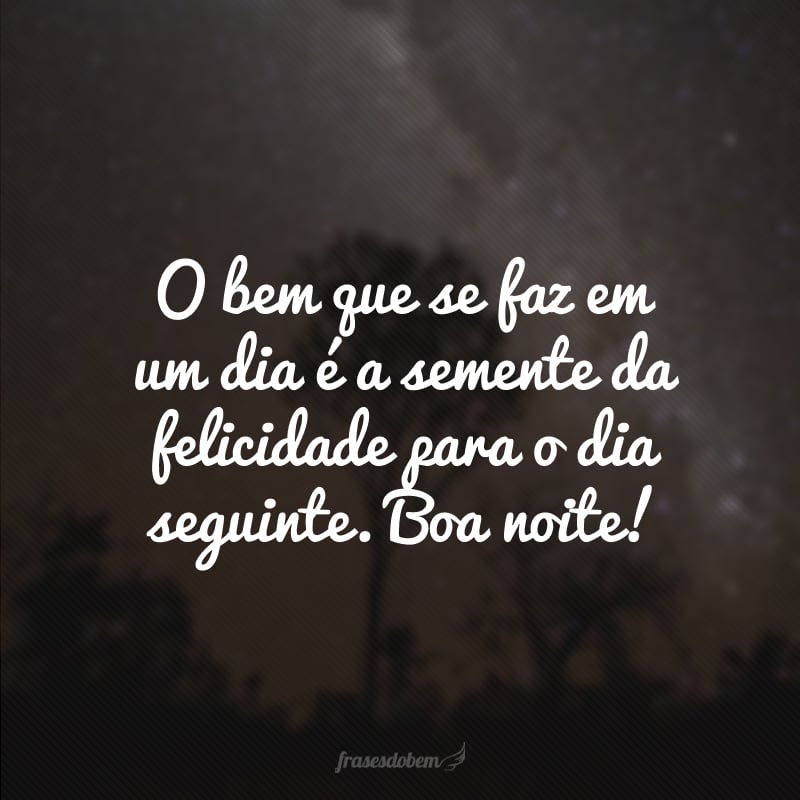 O bem que se faz em um dia é a semente da felicidade para o dia seguinte. Boa noite!