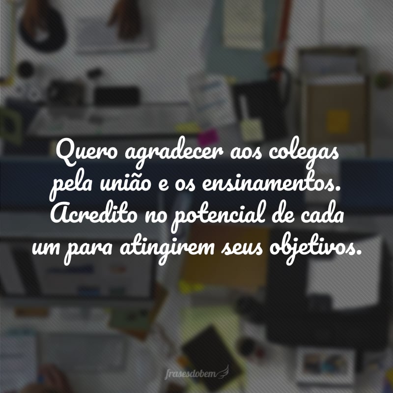 Quero agradecer aos colegas pela união e os ensinamentos. Acredito no potencial de cada um para atingirem seus objetivos.