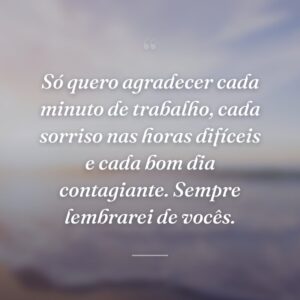 Só quero agradecer cada minuto de trabalho, cada sorriso nas horas difíceis e cada bom dia contagiante. Sempre lembrarei de vocês.