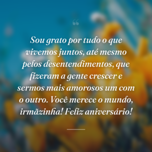 Sou grato por tudo o que vivemos juntos, até mesmo pelos desentendimentos, que fizeram a gente crescer e sermos mais amorosos um com o outro. Você merece o mundo, irmãzinha! Feliz aniversário!
