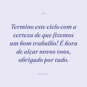 Termino este ciclo com a certeza de que fizemos um bom trabalho! É hora de alçar novos voos, obrigado por tudo.