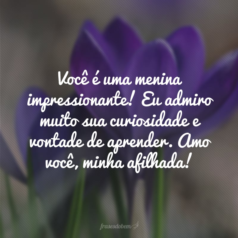 Você é uma menina impressionante! Eu admiro muito sua curiosidade e vontade de aprender. Amo você, minha afilhada!