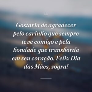 Gostaria de agradecer pelo carinho que sempre teve comigo e pela bondade que transborda em seu coração. Feliz Dia das Mães, sogra!