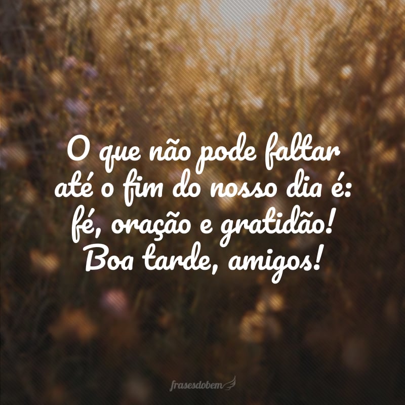 O que não pode faltar até o fim do nosso dia é: fé, oração e gratidão! Boa tarde, amigos!