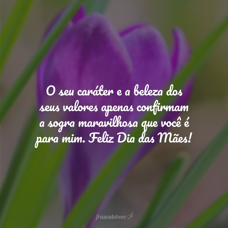 O seu caráter e a beleza dos seus valores apenas confirmam a sogra maravilhosa que você é para mim. Feliz Dia das Mães!