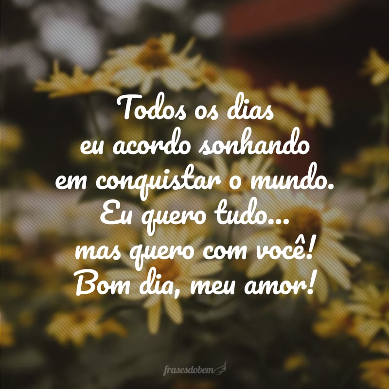 Todos os dias eu acordo sonhando em conquistar o mundo. Eu quero tudo… mas quero com você! Bom dia, meu amor!