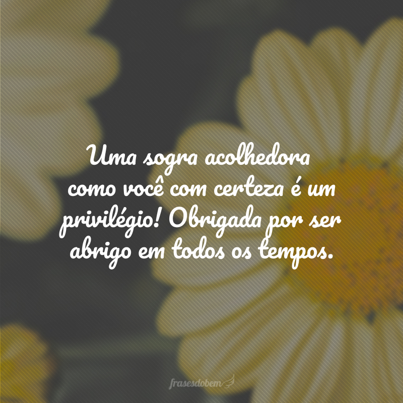 Uma sogra acolhedora como você com certeza é um privilégio! Obrigada por ser abrigo em todos os tempos.