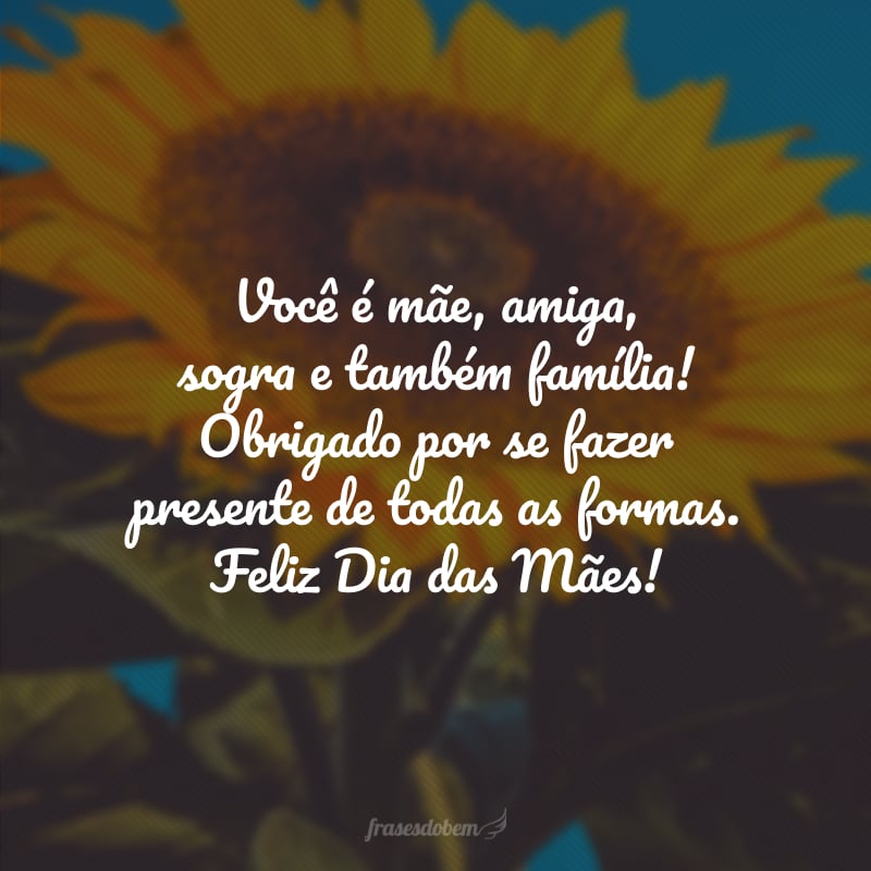 Você é mãe, amiga, sogra e também família! Obrigado por se fazer presente de todas as formas. Feliz Dia das Mães!