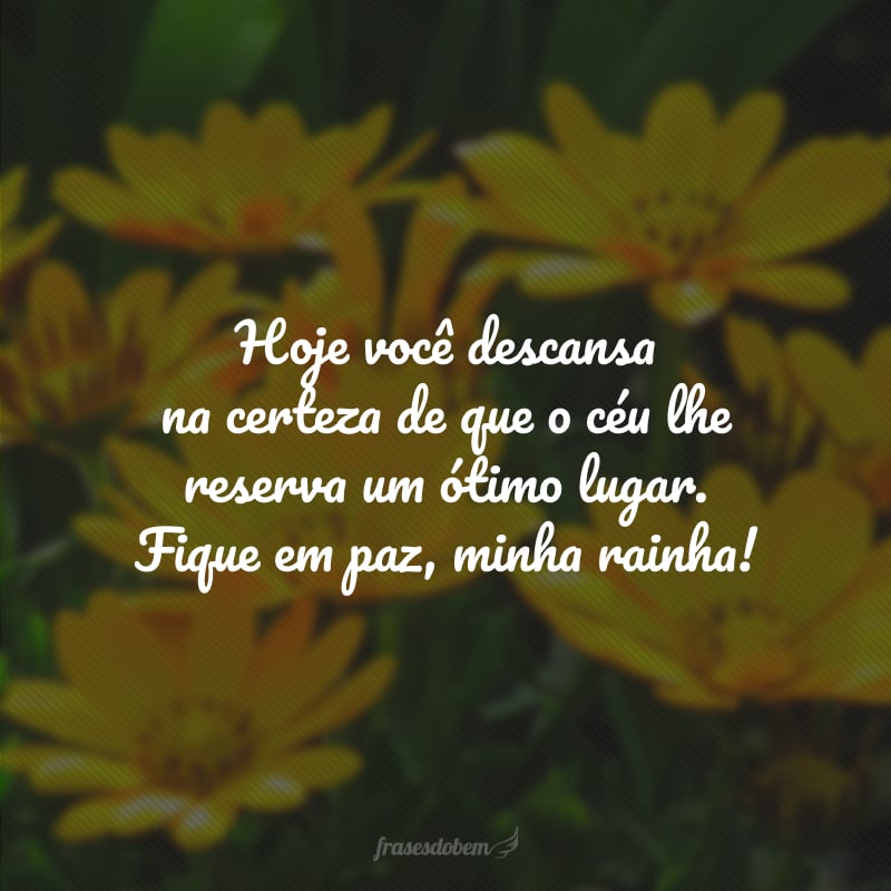 Hoje você descansa na certeza de que o céu lhe reserva um ótimo lugar. Fique em paz, minha rainha!