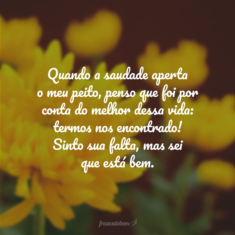 Quando a saudade aperta o meu peito, penso que foi por conta do melhor dessa vida: termos nos encontrado! Sinto sua falta, mas sei que está bem.