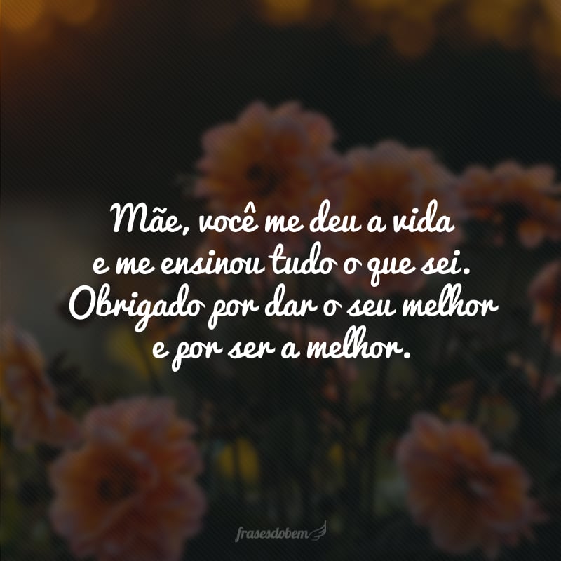 Mãe, você me deu a vida e me ensinou tudo o que sei. Obrigado por dar o seu melhor e por ser a melhor.