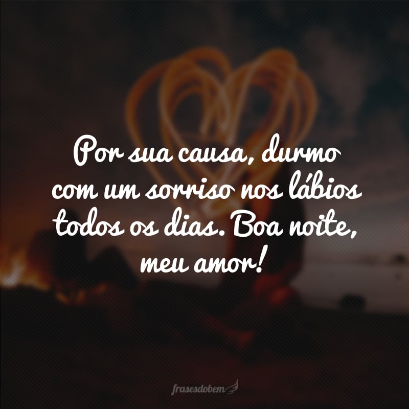 Por sua causa, durmo com um sorriso nos lábios todos os dias. Boa noite, meu amor!