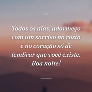 Todos os dias, adormeço com um sorriso no rosto e no coração só de lembrar que você existe. Boa noite!