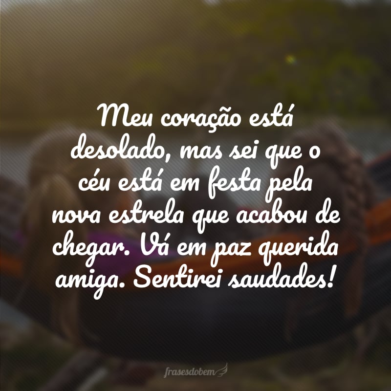 Meu coração está desolado, mas sei que o céu está em festa pela nova estrela que acabou de chegar. Vá em paz querida amiga. Sentirei saudades! 