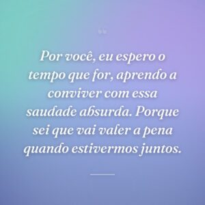 Por você, eu espero o tempo que for, aprendo a conviver com essa saudade absurda. Porque sei que vai valer a pena quando estivermos juntos.