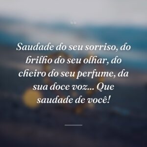 Saudade do seu sorriso, do brilho do seu olhar, do cheiro do seu perfume, da sua doce voz... Que saudade de você!