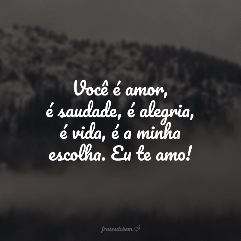 Você é amor, é saudade, é alegria, é vida, é a minha escolha. Eu te amo! 