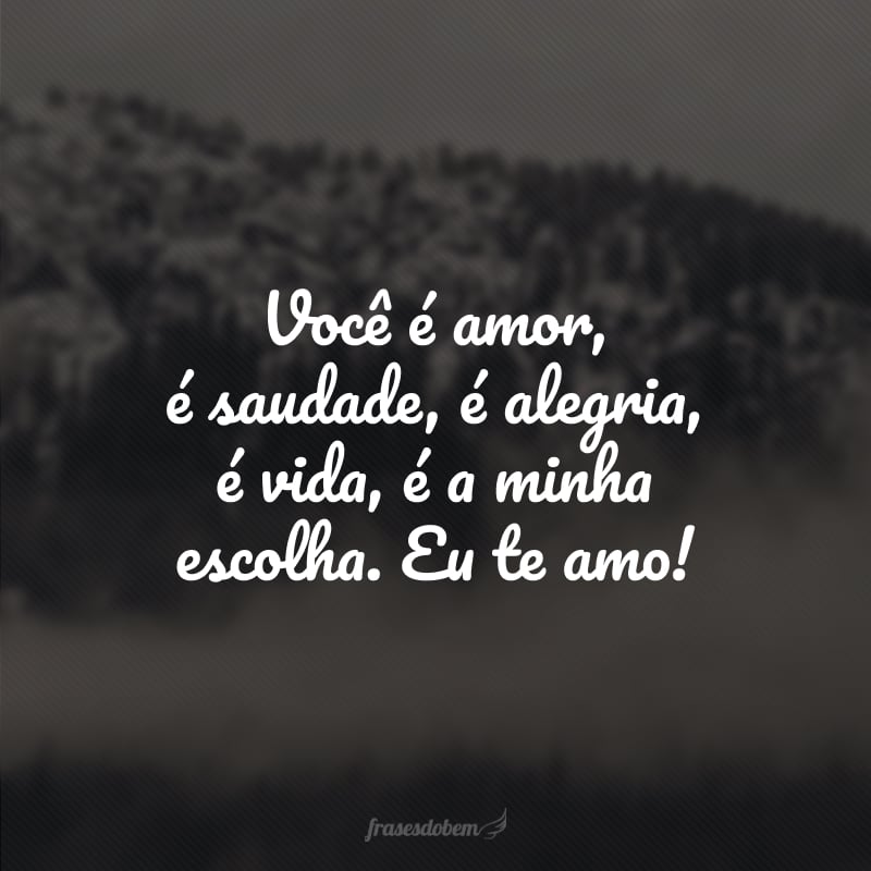 Você é amor, é saudade, é alegria, é vida, é a minha escolha. Eu te amo! 