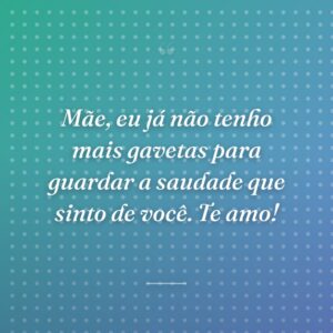 Mãe, eu já não tenho mais gavetas para guardar a saudade que sinto de você. Te amo!
