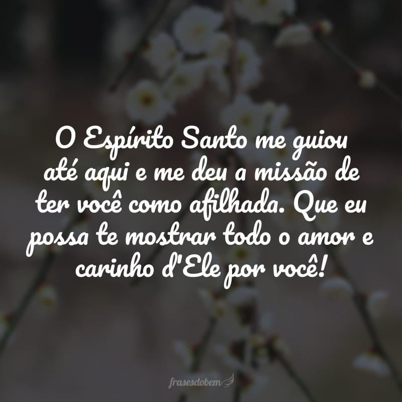 O Espírito Santo me guiou até aqui e me deu a missão de ter você como afilhada. Que eu possa te mostrar todo o amor e carinho d'Ele por você!