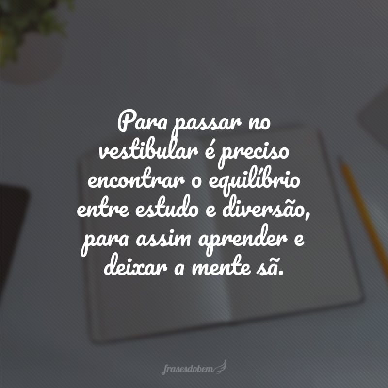 Para passar no vestibular é preciso encontrar o equilíbrio entre estudo e diversão, para assim aprender e deixar a mente sã.