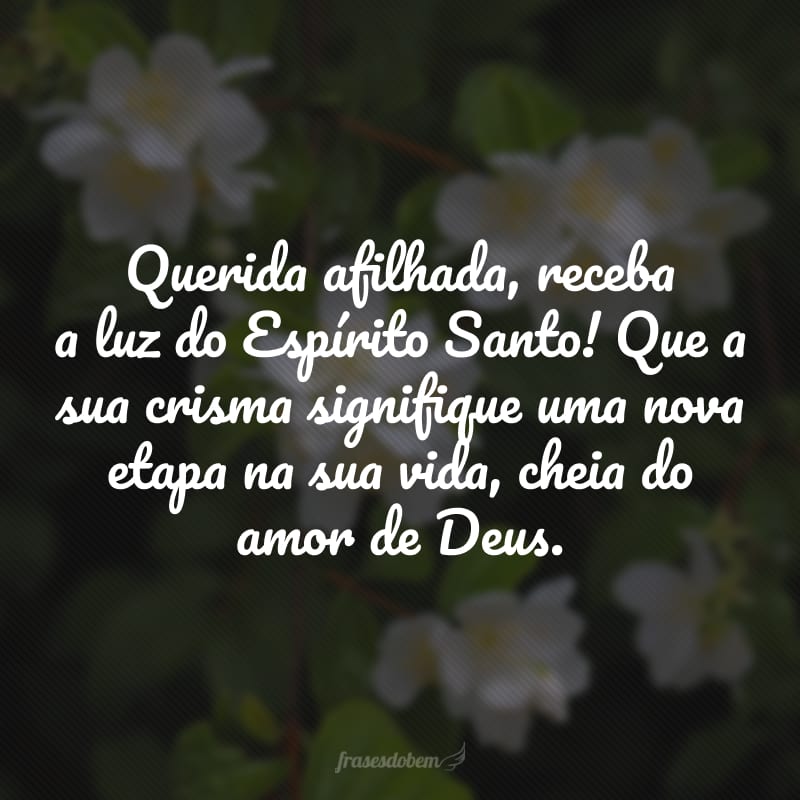 Querida afilhada, receba a luz do Espírito Santo! Que a sua crisma signifique uma nova etapa na sua vida, cheia do amor de Deus.